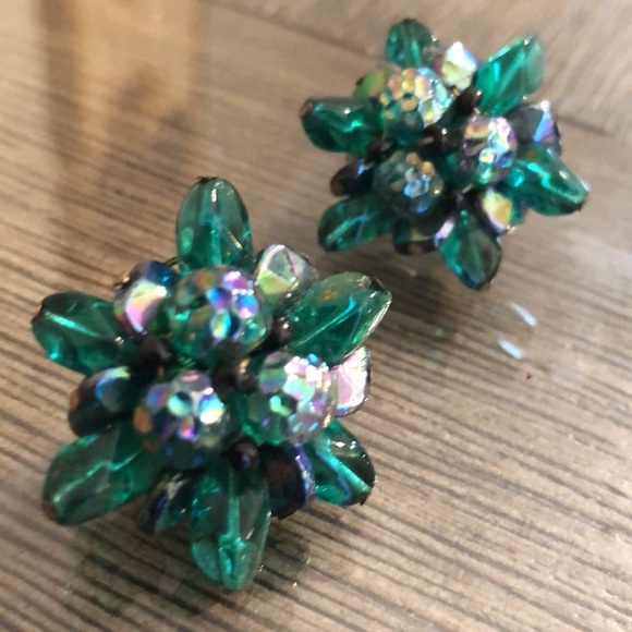 Vintage Clip Earrings Iridescent Glass Beads West Germany - Picture 4 of 12